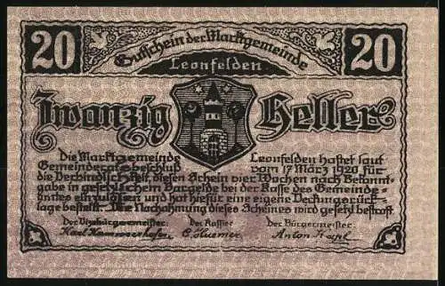 Notgeld Leonfelden 1920, 20 Heller, Hauptplatz mit Pfarrkirche, Wappen der Marktgemeinde