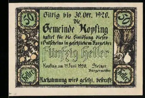 Notgeld Kopfing 1920, 50 Heller, florale Muster und Getreide mit Krug