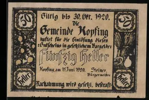 Notgeld Kopfing 1920, 50 Heller, Obst- und Getreidemotive, gültig bis 30. Oktober 1920