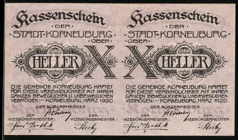 Notgeld Korneuburg 1920, 2x 10 Heller, Doppelmotiv mit Garantieerklärung