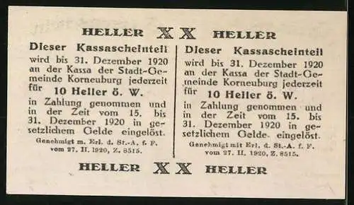 Notgeld Korneuburg 1920, 2x 10 Heller, Doppelmotiv mit Garantieerklärung