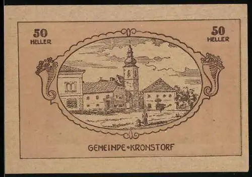 Notgeld Kronstorf 1920, 50 Heller, Dorfszene mit Kirche und Gebäuden