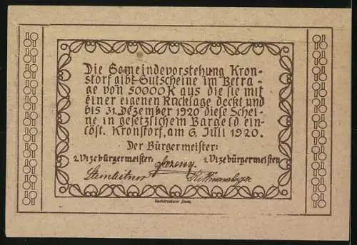 Notgeld Kronstorf 1920, 50 Heller, Dorfszene mit Kirche und Gebäuden