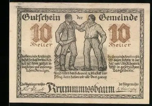 Notgeld Krummnussbaum 1920, 10 Heller, zwei Männer, Krummnussbaum und Landschaftsmotiv