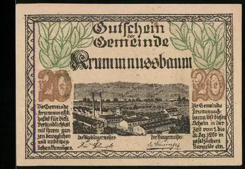 Notgeld Krummnussbaum 1920, 20 Heller, Stadtansicht und Baumlandschaft