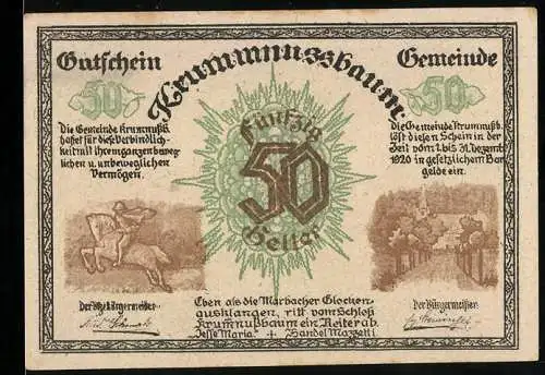 Notgeld Krummnussbaum 1920, 50 Heller, Reiter und Schlossansicht mit Baum und Landschaft im Hintergrund