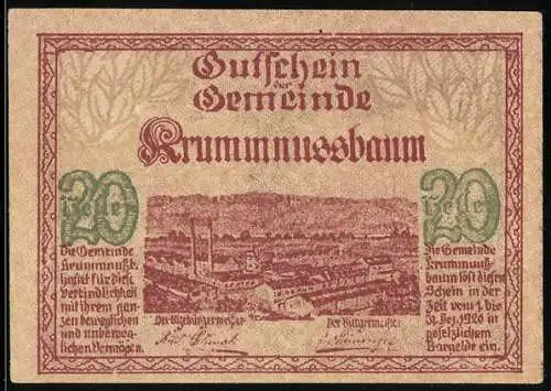 Notgeld Krummnussbaum 1920, 20 Heller, Stadtansicht und Baumlandschaft