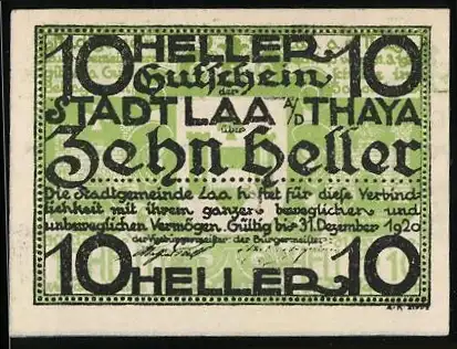 Notgeld Laa an der Thaya 1920, 10 Heller, Text und Ornamentik, Gültigkeitserklärung bis 31. Dezember 1920