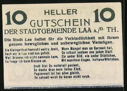 Notgeld Laa an der Thaya 1920, 10 Heller, Text und Ornamentik, Gültigkeitserklärung bis 31. Dezember 1920