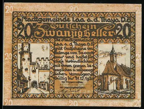 Notgeld Laa an der Thaya 1920, 20 Heller, Stadtansicht mit Burg und Kirche, Wappen in der Mitte