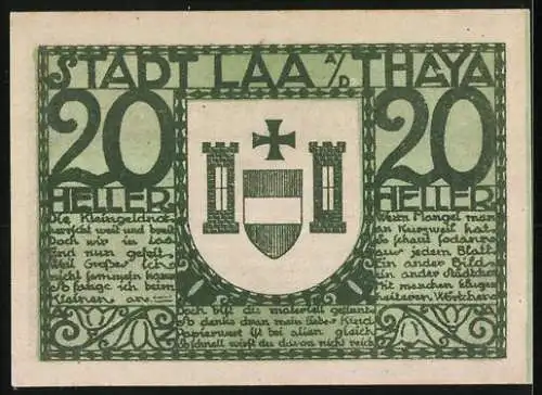 Notgeld Laa an der Thaya 1920, 20 Heller, Stadtansicht mit Burg und Kirche, Wappen in der Mitte