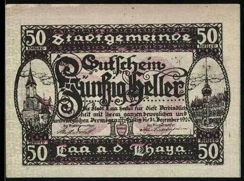 Notgeld Laa an der Thaya 1920, 50 Heller, Stadtansichten und Wappen, dekoratives Design