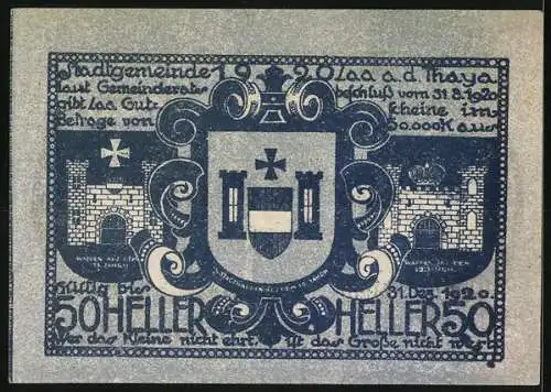 Notgeld Laa an der Thaya 1920, 50 Heller, Stadtansichten und Wappen, dekoratives Design