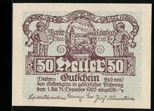 Notgeld Laimbach 1920, 50 Heller, Marktansicht mit zwei Figuren und dekorativem Muster