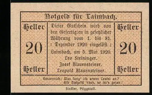 Notgeld Laimbach 1920, 20 Heller, Text mit Unterschriften und Spruch Was fang ich armer Teufel an?