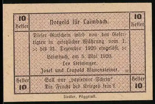 Notgeld Laimbach 1920, 10 Heller, Textmotiv mit Zitat und Signaturen, Siedler, Pöggstall