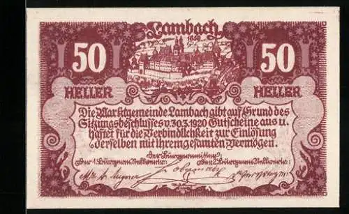 Notgeld Lambach 1920, 50 Heller, Stadtansicht und Wappenornamente