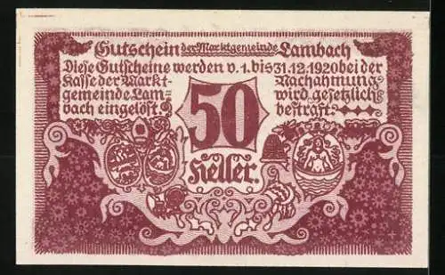 Notgeld Lambach 1920, 50 Heller, Stadtansicht und Wappenornamente