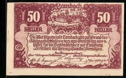 Notgeld Lambach 1920, 50 Heller, Stadtansicht und verzierte Ornamente