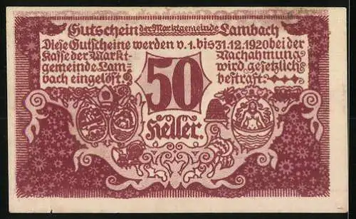 Notgeld Lambach 1920, 50 Heller, Stadtansicht und verzierte Ornamente