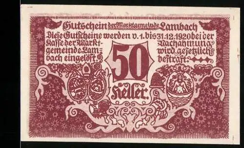 Notgeld Lambach 1920, 50 Heller, Wappen und Stadtansicht Lambach