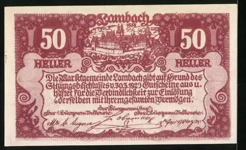 Notgeld Lambach 1920, 50 Heller, Wappen und Stadtansicht Lambach