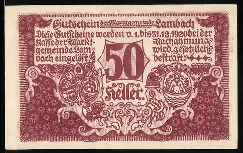 Notgeld Lambach 1920, 50 Heller, Stadtansicht und Wappen, violett