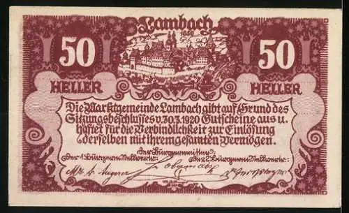 Notgeld Lambach 1920, 50 Heller, Stadtansicht und Wappen, violett