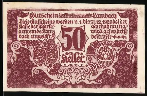 Notgeld Lambach 1920, 50 Heller, Wappen und Stadtansicht Lambach, floralem Muster