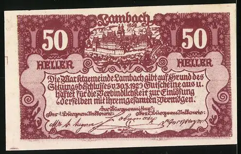 Notgeld Lambach 1920, 50 Heller, Wappen und Stadtansicht Lambach, floralem Muster