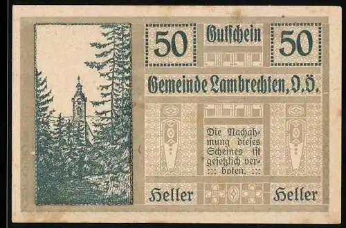 Notgeld Lambrechten 1920, 50 Heller, Kirchturm im Waldmotiv