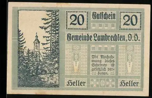 Notgeld Lambrechten 1920, 20 Heller, Kirchturm und Tannenbäume, Text über Gültigkeit und Haftung der Gemeinde