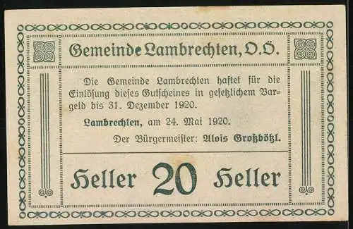 Notgeld Lambrechten 1920, 20 Heller, Kirchturm und Tannenbäume, Text über Gültigkeit und Haftung der Gemeinde