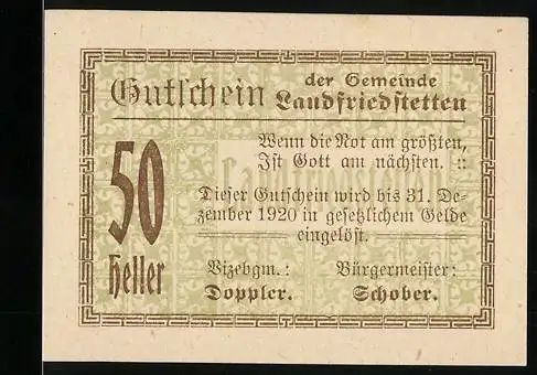 Notgeld Landfriedstetten 1920, 50 Heller, Spruch Wenn die Not am grössten, ist Gott am nächsten