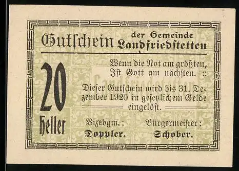 Notgeld Landfriedstetten 1920, 20 Heller, Zitat Wenn die Not am grössten