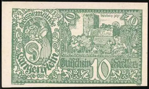 Notgeld Langenstein 1920, 10 Heller, Frau mit Früchten und Schloss Langenstein