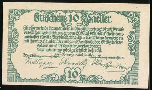 Notgeld Langenstein 1920, 10 Heller, Frau mit Früchten und Schloss Langenstein
