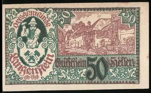 Notgeld Langenstein 1920, 50 Heller, Bergmann und Dorfszene, Wappen mit Werkzeugen