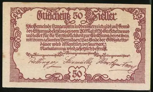 Notgeld Langenstein 1920, 50 Heller, Bergmann und Dorfszene, Wappen mit Werkzeugen