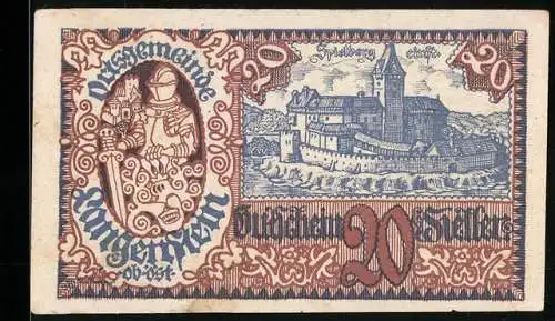 Notgeld Langenstein 1920, 20 Heller, Ritter mit Wappen und Schlossansicht, Seriennummer und Unterschriften