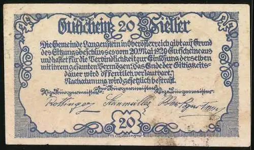 Notgeld Langenstein 1920, 20 Heller, Ritter mit Wappen und Schlossansicht, Seriennummer und Unterschriften