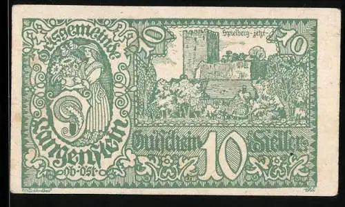 Notgeld Langenstein 1920, 10 Heller, Burg Spielberg und Frau mit Korb voller Früchte