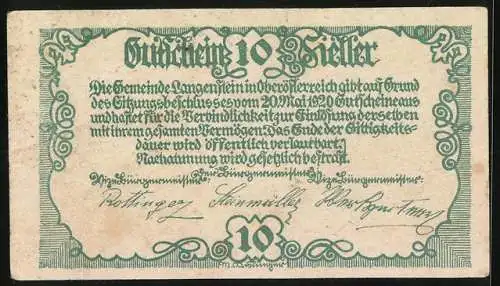 Notgeld Langenstein 1920, 10 Heller, Burg Spielberg und Frau mit Korb voller Früchte