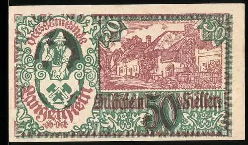 Notgeld Langenstein 1920, 50 Heller, Bergmann und Gebäudeansicht