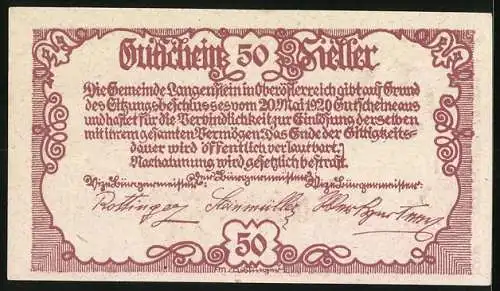 Notgeld Langenstein 1920, 50 Heller, Bergmann und Gebäudeansicht