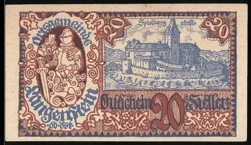 Notgeld Langenstein 1920, 20 Heller, Ritter und Schlossansicht, Seriennummer, Wappen vorhanden