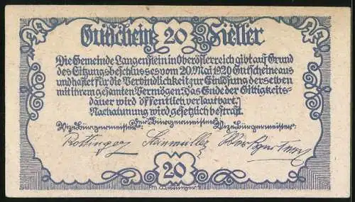 Notgeld Langenstein 1920, 20 Heller, Ritter und Schlossansicht, Seriennummer, Wappen vorhanden