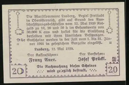 Notgeld Lasberg 1920, 20 Heller, Landschaftsansicht