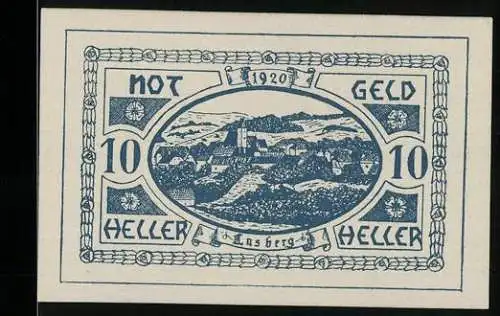 Notgeld Lasberg 1920, 10 Heller, Stadtansicht mit Burg und Landschaft