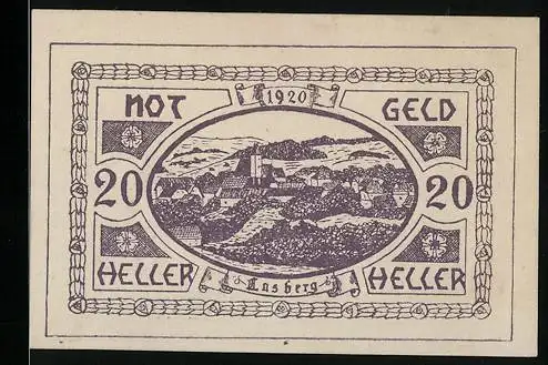 Notgeld Lasberg 1920, 20 Heller, Stadtansicht mit Burg und Landschaftsmotiven